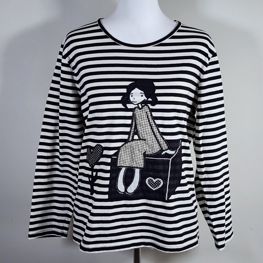 Kawaii Patchwork Girl Stripe Shirt Womens M Black White Coquette Parisian French